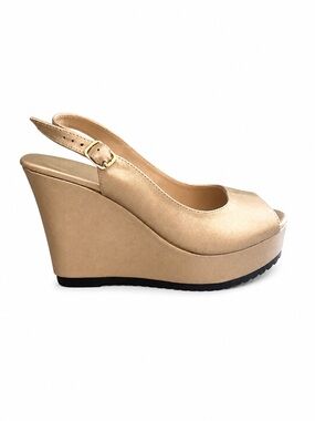 Gold Peep-Toe Slingback Wedge Heels